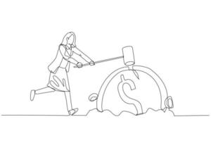 Illustration of businesswoman hit dollar coin into the ground. Concept of safing money. Single continuous line art style vector