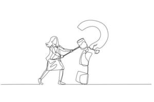 Cartoon of businesswoman with hammer hit question mark sign. Concept of problem solving. Single line art style vector