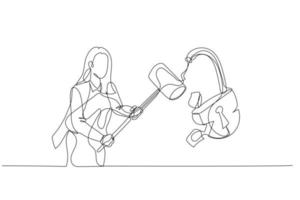 Drawing of businesswoman with hammer smash padlock. Concept of problem solving. One line style art vector