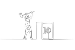 Drawing of businesswoman try to break safety deposit box with hammer. Concept of crime. One continuous line art style vector