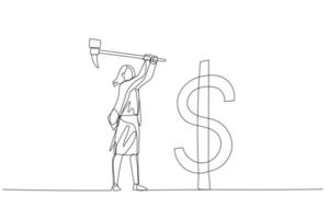 Drawing of businesswoman with hammer hit dollar sign USD sign. Concept of money market. One line art style vector