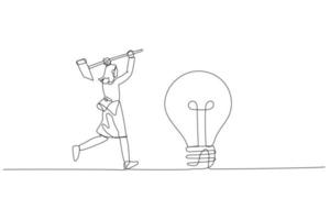 Drawing of businesswoman with hammer try to break lamp. Concept of idea generation. Continuous line art vector