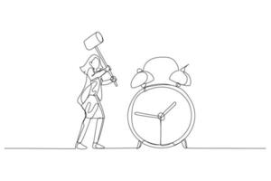 Drawing of businesswoman with hammer try to break alarm clock. Concept of deadline. Single continuous line art style vector