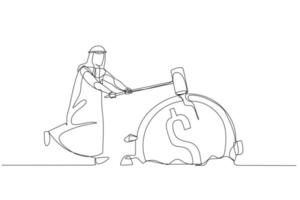 Cartoon of arab businessman hit dollar coin into the ground. Concept of safing money. Single continuous line art style vector