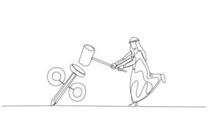 Drawing of arab businessman using hammer smash the percentage sign to the floor. Concept of interest rate. Single continuous line art vector