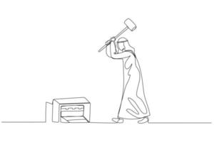 Cartoon of arab businessman holding sledge hammer ready to smash printer. Concept of angry. Continuous line art vector