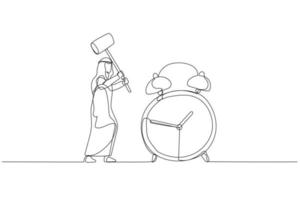 Cartoon of arab businessman with hammer try to break alarm clock. Concept of deadline. Single continuous line art vector