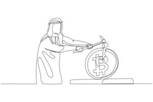 Illustration of arab businessman with hammer smashing bitcoin coin. Concept of downfall of cryptocurrency. One line style art vector