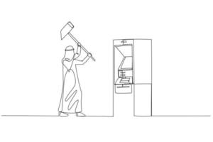 Drawing of arab businessman with hammer try to smash ATM machine. Concept of illegal earning. Single line art style vector