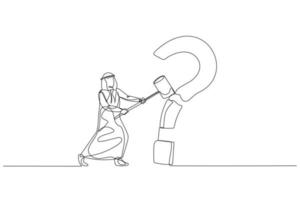 Drawing of arab businessman with hammer hit question mark sign. Concept of problem solving. Single line art style vector