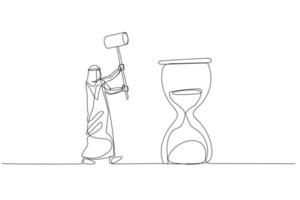 Drawing of arab businessman with hammer try to hit hourglass. Concept of time management. Continuous line art style vector