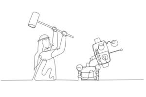 Drawing of arab businessman destroying robot with hammer. Concept of human resource vs AI artificial Intelligence. Single continuous line art style vector