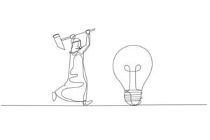 Cartoon of arab businessman with hammer try to break lamp. Concept of idea generation. One continuous line art style vector