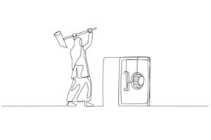 Cartoon of muslim woman try to break safety deposit box with hammer. Concept of crime. Single continuous line art style vector