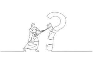 Illustration of muslim woman with hammer hit question mark sign. Concept of problem solving. Continuous line art vector