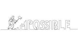 Illustration of muslim woman destroy impossible make it to possible. Concept of optimism. Single continuous line art style vector