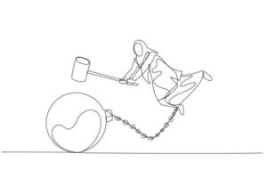 Cartoon of muslim woman smash chain steel ball with hammer. Concept of break free. Single continuous line art style vector