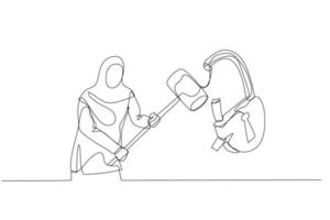 Illustration of muslim woman with hammer smash padlock. Concept of problem solving. Single continuous line art style vector