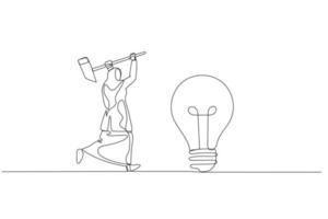 Cartoon of muslim woman with hammer try to break lamp. Concept of idea generation. Single line art style vector