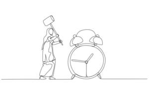 Illustration of muslim woman with hammer try to break alarm clock. Concept of deadline. Continuous line art style vector