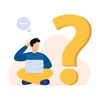 Thinking man. Thoughtful man with laptop looking at big question mark, finding right solution, and solving problem. Vector iilustration.