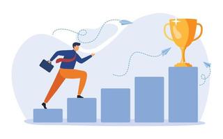 Business concept of success. Businessman run to their goal on the column of columns. Moves up steps to the target's achievement. Vector Illustration.