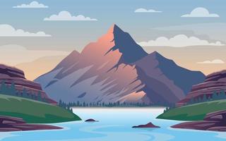 Beautiful mountain view. A large mountain surrounded by a river. Vector illustration.