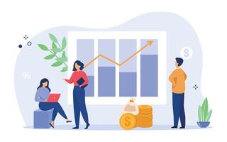 Managers presenting and analyzing sales growth chart. Workers with bar diagrams with arrow and heap of money. Business success, finance, marketing, profit concepts. Vector illustration.