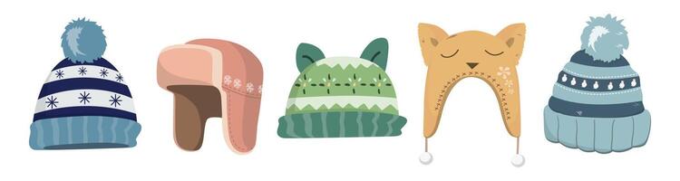 Cute winter hats set. Design elements for a winter greeting card for New year or Christmas. Vector Illustration.