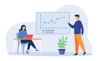 Analytics and management concept. Business coach showing growth graph to businesswoman.  Vector illustration.