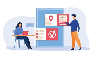 People using online appointment concept. Modern flat vector illustration of a Man and woman planning meeting, setting date in mobile interface. Suitable for business, internet technology concept.