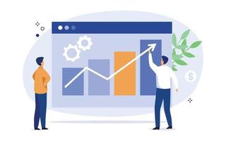 Manage finances concept. Businessman managing financial income. People analyzing financial graphs and diagrams or other data. Income Increase. Vector illustration.