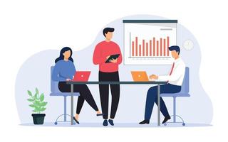 Business meeting team conference in office room. Flat character on presentation conference illustration,  presenting charts and reports. Employees meeting at business training, seminar or conference. vector