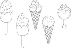 Hand drawn set of ice cream doodle. sweet desserts. Eskimo, waffle con e sketch style vector illustration isolated on white background for cafe or restaurant menu.