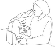 Continuous one line drawing scientist doing some research. laboratory activity concept. Single line draw design vector graphic illustration.