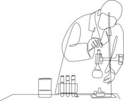 Continuous one line drawing scientist doing some research. laboratory activity concept. Single line draw design vector graphic illustration.