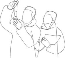 Continuous one line drawing scientist doing some research. laboratory activity concept. Single line draw design vector graphic illustration.