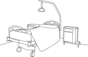 Single one line drawing Hospital room interior with bed and clinic equipment. An empty hospital room concept. Continuous line draw design graphic vector illustration.