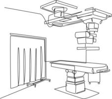 soltero uno línea dibujo hospital habitación interior con cama y clínica equipo. un vacío hospital habitación concepto. continuo línea dibujar diseño gráfico vector ilustración.