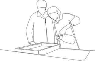 Continuous one line drawing scientist doing some research. laboratory activity concept. Single line draw design vector graphic illustration.