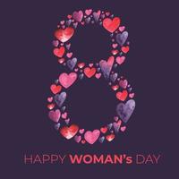 Women's Day greeting card or banner with pink cut eight number and watercolor hearts. Vector 8 March international holiday poster template dark violet background