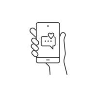 Hand hold smartphone, heart email send, new love message line icon. Phone message outline icon. Isolated vector