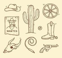 Cowboy western doodle set. Hand drawn vector