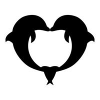 A Black and White Picture of Two Dolphins in a Heart Shape - Dolphins Couple Silhouette Icon Vector Illustration