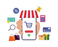 online shopping icon using mobile phone vector