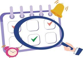 calendar and magnifying glass icon. search, clock, and reminder calendar icons. notification concept. daily schedule view concept vector