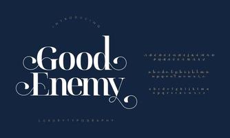 Good enemy fashion font alphabet. Minimal modern urban fonts for logo, brand etc. Typography typeface uppercase lowercase and number. vector illustration