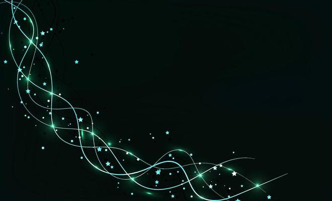 Dark abstract background with glowing green lines and stars.