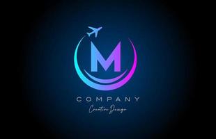 blue pink M alphabet letter logo with plane for a travel or booking agency. Corporate creative template design for company and business vector