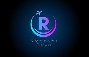 azul rosado r alfabeto letra logo con avión para un viaje o reserva agencia. corporativo creativo modelo diseño para empresa y negocio vector